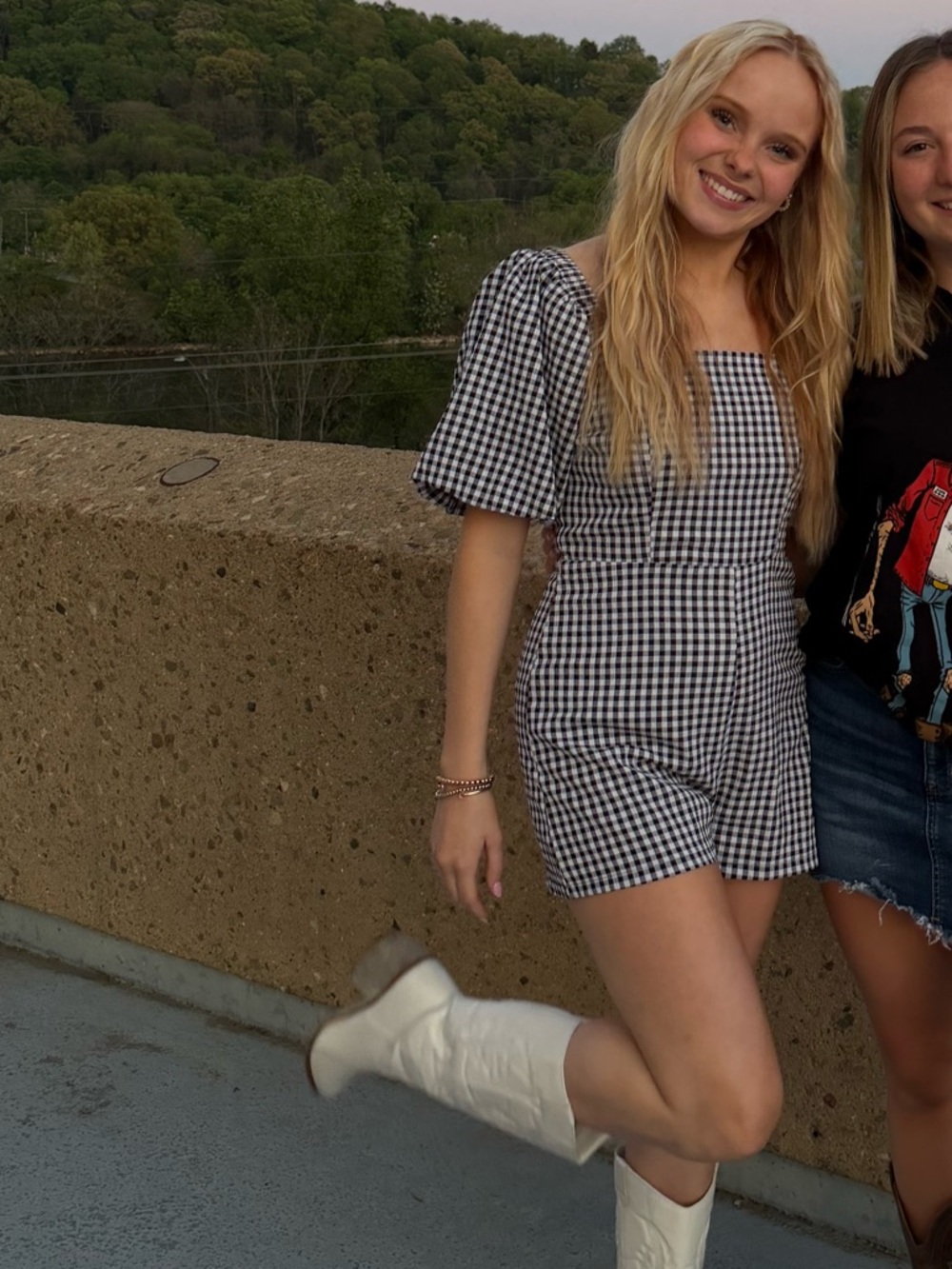 Altar’d State Gingham Square-Neck Romper with Puff Sleeves
